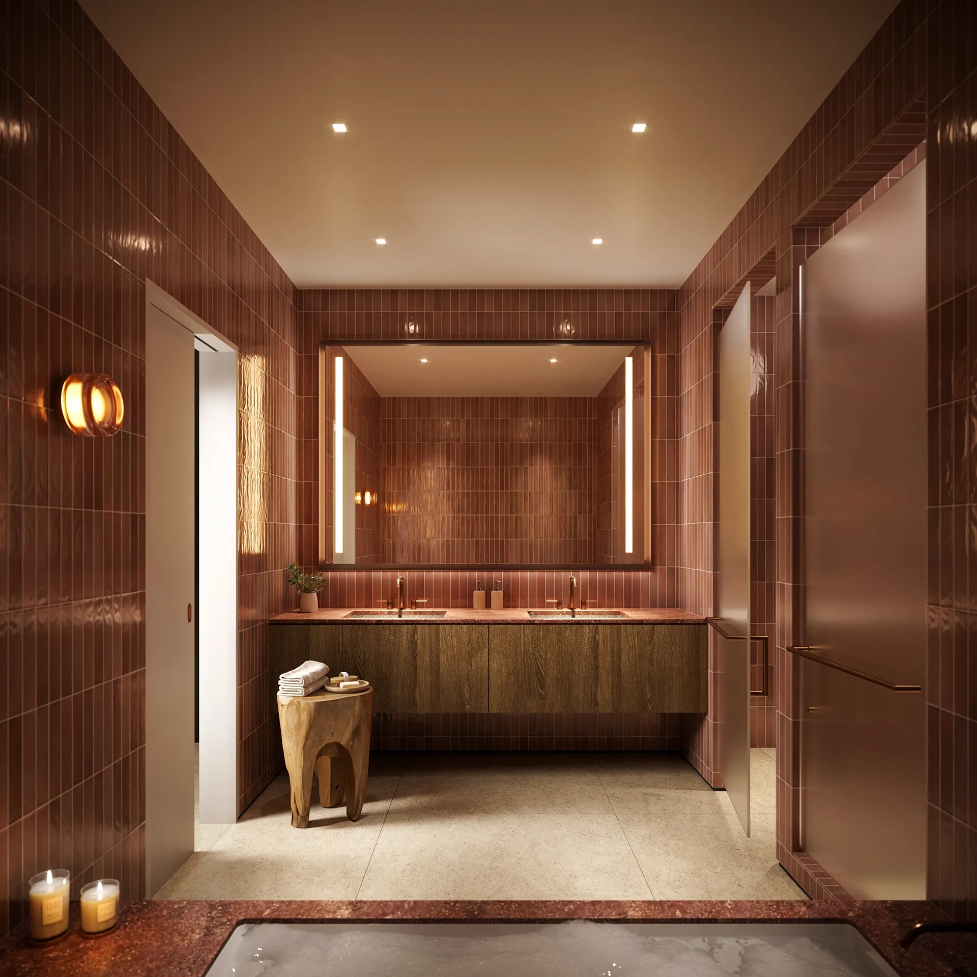<h3>Soak in the Ambiance</h3>
<p>The bathroom design in both palettes pairs modern vertical tilework with floating cabinetry, generous bathtubs, and metal accents for a magnificent, spa-like atmosphere. </p>