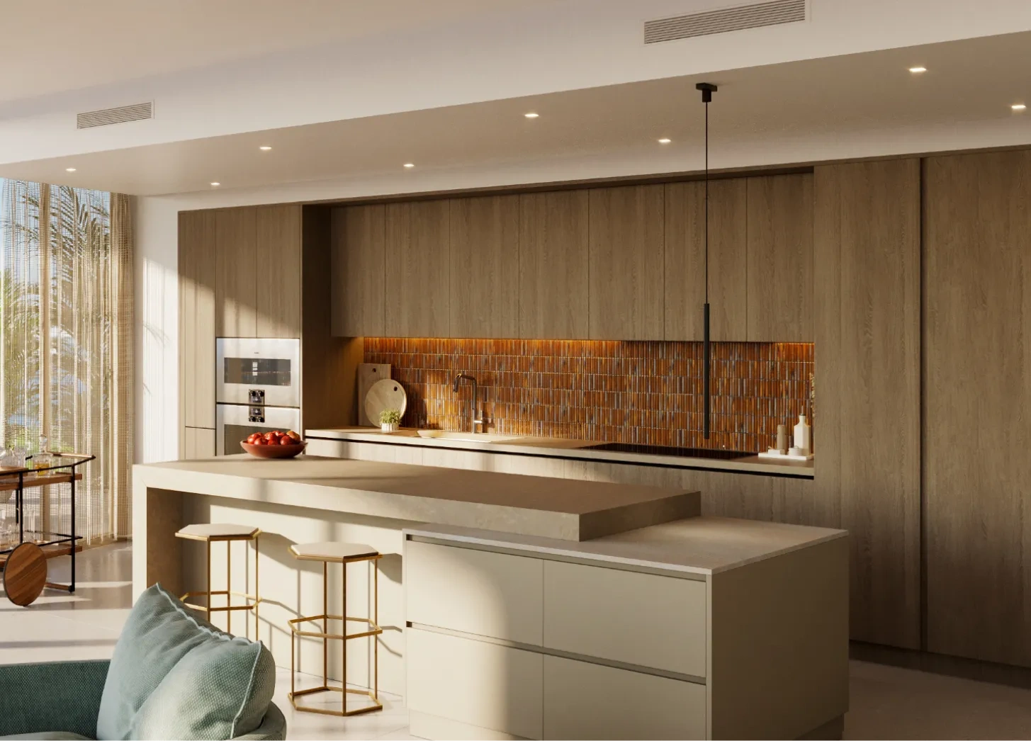 <h3>Vetted by Jean-Georges</h3>
<p>Jean-Georges worked hand-in-hand with Yabu Pushelberg to refine the kitchen layout design, appliance and fixture selections, storage solutions, and island configuration.</p>
