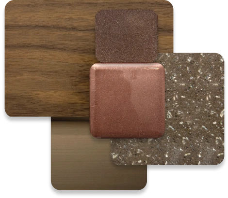 <h3>Bathroom</h3>
<p>vertical clay-rose toned ceramic tile, Gessi brushed nickel, Volcano Red Granite and Light Beachwood finish Italian wood</p>