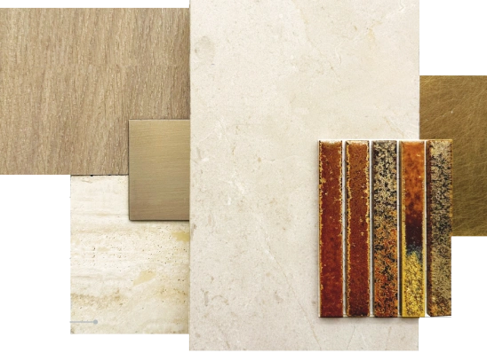 <h3>Kitchen</h3>
<p>Crema natural stone slab, warm-toned Ceasarstone Primordia quartz, Yohen Border red-brown ceramic tile, Gessi brushed nickel and Beachwood finish Italian wood</p>