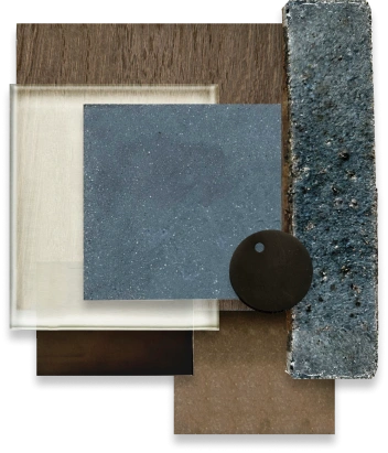 <h3>Bathroom</h3>
<p>vertical blue-green ceramic tile, Gessi gunmetal, Pietra del Cardoso Granite and Franklin Tobacco finish Italian wood</p>